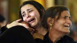 Women mourn for the victims of the blast at the Coptic Christian Saint Mark's church in Alexandria the previous day during a funeral procession at the Monastery of Marmina in the city of Borg El-Arab, east of Alexandria, on April 10, 2017.Egypt prepared to impose a state of emergency after jihadist bombings killed dozens at two churches in the deadliest attacks in recent memory on the country's Coptic Christian minority. / AFP PHOTO / MOHAMED EL-SHAHED        (Photo credit should read MOHAMED EL-SHAHED/AFP/Getty Images)