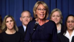 Education Secretary Betsy DeVos delivers remarks to employees on her first day on the job at the Department of Education February 8, 2017 in Washington, DC. DeVos was confirmed by the Senate after Vice President Mike Pence cast a tie-breaking vote Tuesday.