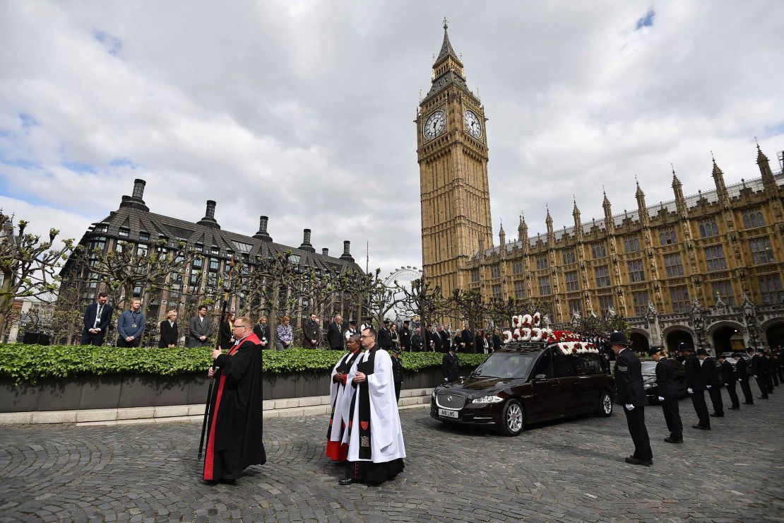 The hearse carrying Palmer's coffin leaves the Chapel of St Mary Undercroft within the Palace of Westminster en route to Southwark Cathedral.