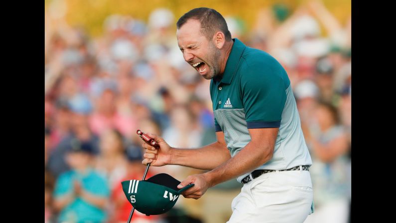 Sergio Garcia reacts after winning the Masters golf tournament on Sunday, April 9. It is <a  target="_blank">the first major title for Garcia,</a> who defeated Justin Rose in a playoff.