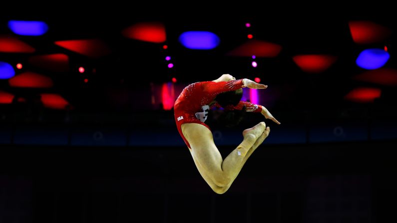 American gymnast Victoria Nguyen competes on the balance beam during a World Cup meet in London on Saturday, April 8. She won silver in the all-around.