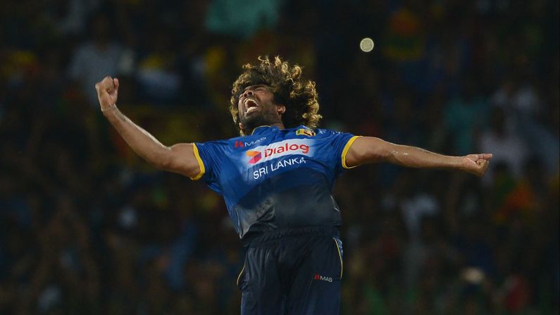 Sri Lankan cricketer Lasith Malinga celebrates a hat trick during a T20 international against Bangladesh on Thursday, April 6.