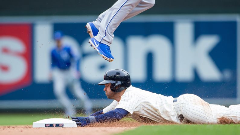 Minnesota's Brian Dozier steals second base during a home game against Kansas City on Wednesday, April 5.