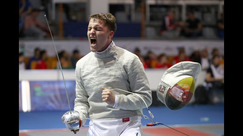German fencer Lorenz Kempf celebrates a win Tuesday, April 4, at the Junior and Cadet World Fencing Championships.