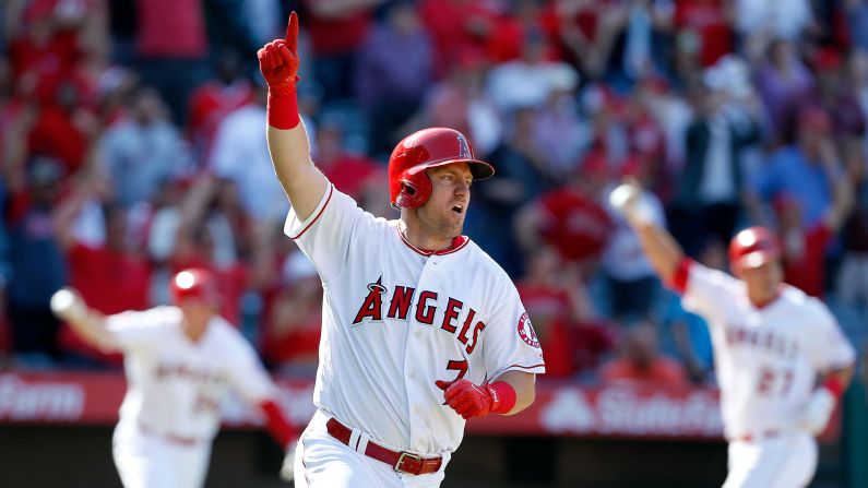Cliff Pennington, an infielder with the Los Angeles Angels, celebrates his walk-off hit against Seattle on Sunday, April 9.