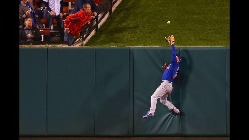 Chicago Cubs outfielder Albert Almora Jr. prevents a home run during a Major League Baseball game in St. Louis on Tuesday, April 4. 