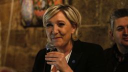 Head of the French far-right party Front National and presidential candidate Marine Le Pen speaks during a dinner in the coastal city of Byblos on February 19, 2017, during her visit to Lebanon.
 
