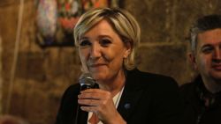 Head of the French far-right party Front National and presidential candidate Marine Le Pen speaks during a dinner in the coastal city of Byblos on February 19, 2017, during her visit to Lebanon.