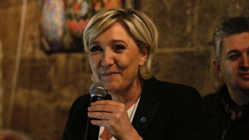 Head of the French far-right party Front National and presidential candidate Marine Le Pen speaks during a dinner in the coastal city of Byblos on February 19, 2017, during her visit to Lebanon.
 