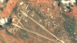 SHAYRAT AIR BASE, SYRIA - APRIL 7, 2016:   DigitalGlobe imagery of the Shayrat Air Base outside of Homs, Syria following the U.S. air strike.   (Photo DigitalGlobe/Getty Images)