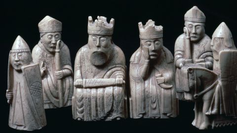 The Lewis Chessmen, thought to be Norwegian from the 12th century, are made from walrus ivory. They were part of a hoard found on the Isle of Lewis in Scotland. These are in the British Museum's collection.