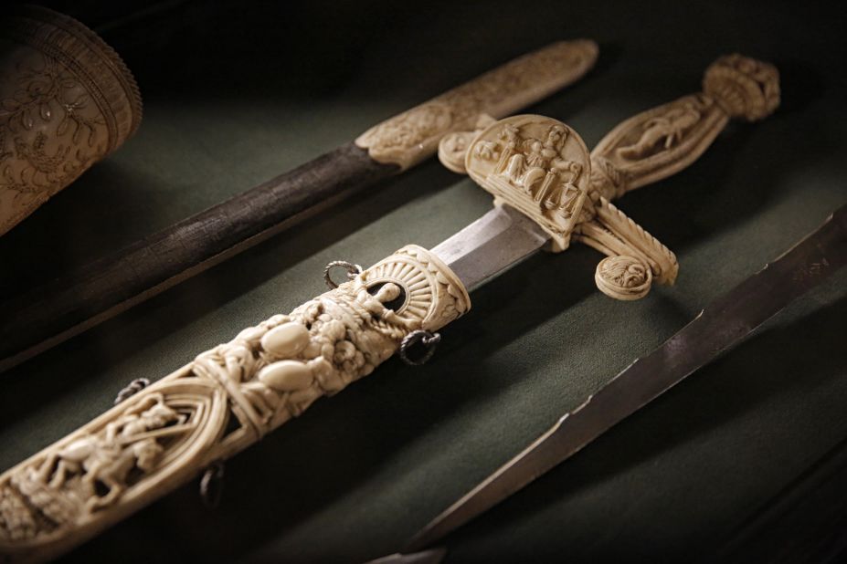 Ivory, derived from the tusks of teeth of certain animals, has been used as an artistic medium for centuries. This ivory sword is on display at the Musei Reali at the Royal Palace in Turin, Italy.