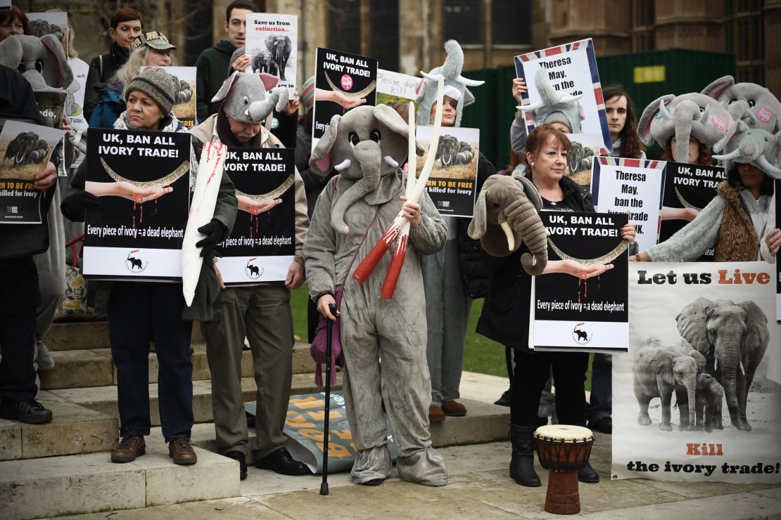 Protesters take part in a demonstration against the ivory trade on Feb. 6, 2017 in London. 