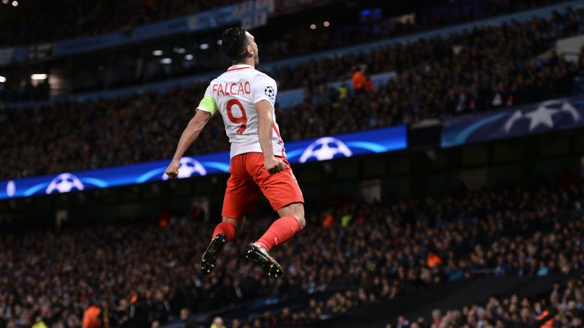 TOPSHOT - Monaco's Colombian forward Radamel Falcao celebrates scoring an equalising goal for 1-1 during the UEFA Champions League Round of 16 first-leg football match between Manchester City and Monaco at the Etihad Stadium in Manchester, north west England on February 21, 2017. / AFP / Oli SCARFF        (Photo credit should read OLI SCARFF/AFP/Getty Images)
