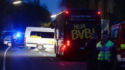 The bus of Borussia Dortmund was damaged by explosion some 10km away from the stadium prior to the UEFA Champions League 1st leg quarter-final football match BVB Borussia Dortmund v Monaco in Dortmund, western Germany on April 11, 2017. 