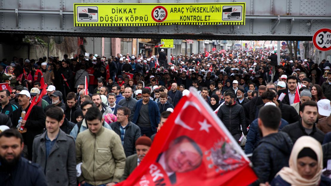 Supporters of the "Yes" campaign leave a demonstration held by President Tayyip Erdogan in Istanbul's city center on Saturday, April 8, 2017. 