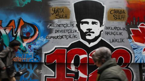 Atatürk, the founder of modern Turkey, is graffitied on to the walls of Istanbul's Istiklal Avenue in the city center.