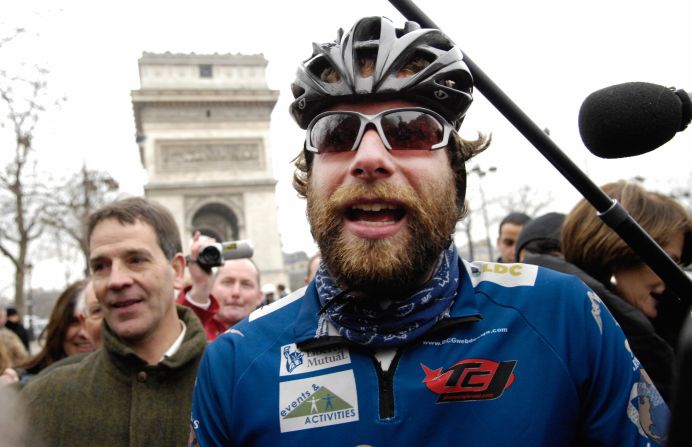 Beaumont -- pictured surrounded by fans as he arrived on February 15, 2008 at the finish line of his world tour at the Place de l'Etoile in Paris -- said his record-breaking solo effort was "wild man riding."