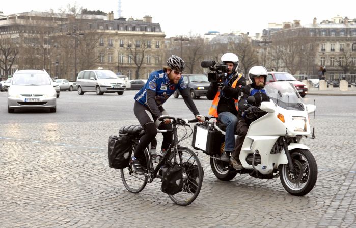 Beaumont -- pictured in Paris in 2008 -- endured a major car accident in Louisiana on his previous world tour. This year he will be accompanied by a large support team that includes more than one mechanic, a navigator and three fellow cyclists who will keep him at steady pace. 