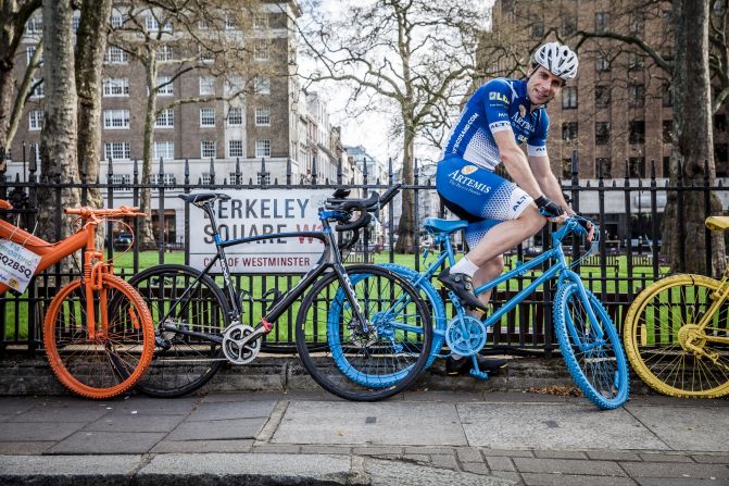 Beaumont -- posing on some art bikes in London's Berkeley Square -- plans to maintain an average pace of 15mph, for 16 hours a day for his latest adventure.