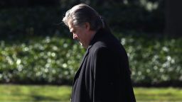 WASHINGTON, DC - FEBRUARY 24: Chief Strategist Steve Bannon walks behind U.S. President Donald Trump toward Marine One before departing from the White House on February 24, 2017 in Washington, DC. President Trump is making the short trip to National Harbor in Maryland to speak at CPAC the Conservative Political Action Conference. (Photo by Mark Wilson/Getty Images)