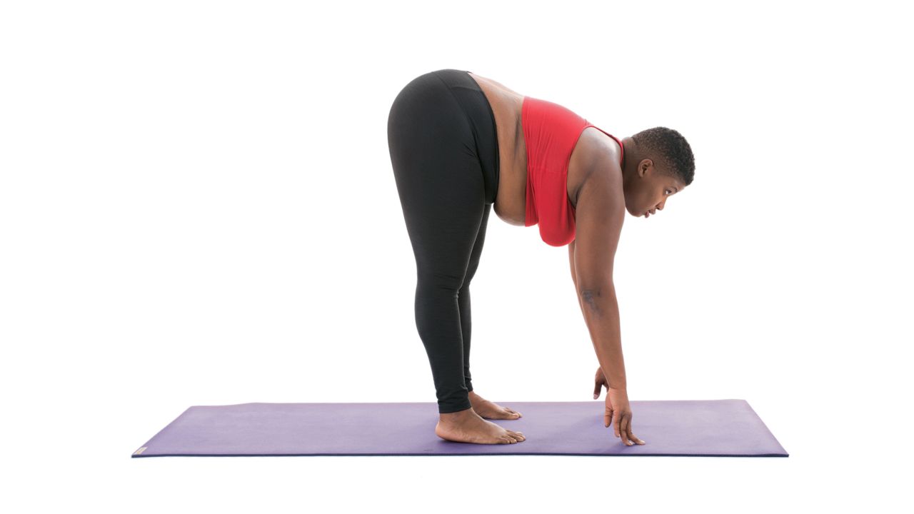 <strong>Standing half forward fold: Ardha Uttanasana </strong>You can do this pose supported, with a block under your hands or unsupported, with your fingertips directly on the floor. Key suggestions from Stanley include, "Keep your weight stacked over your heels. Keep you spine long and shoulders relaxed. Keep your hands down or on your shins as you lift your chest. You can bend your knees in order to keep your hands on the ground."