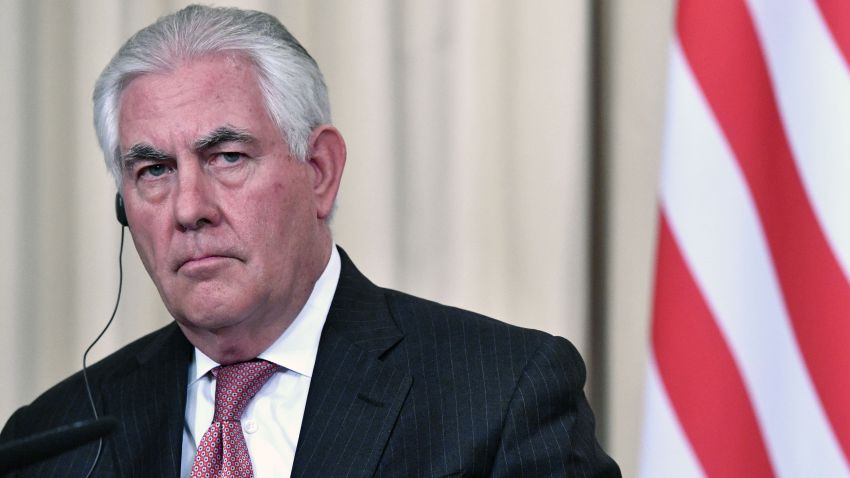 US Secretary of State Rex Tillerson takes part in a press conference after a meeting with the Russian Foreign Minister in Moscow on April 12, 2017.  
Russian President Vladimir Putin on April 11, 2017 met US Secretary of State Rex Tillerson after complaining of worsening ties with Donald Trump's administration as the two sides spar over Syria. Putin received Tillerson at the Kremlin along with Russia's Foreign Minister Sergei Lavrov after the top diplomats held several hours of talks dominated by the fallout of an alleged chemical attack in Syria.
 / AFP PHOTO / Alexander NEMENOV        (Photo credit should read ALEXANDER NEMENOV/AFP/Getty Images)