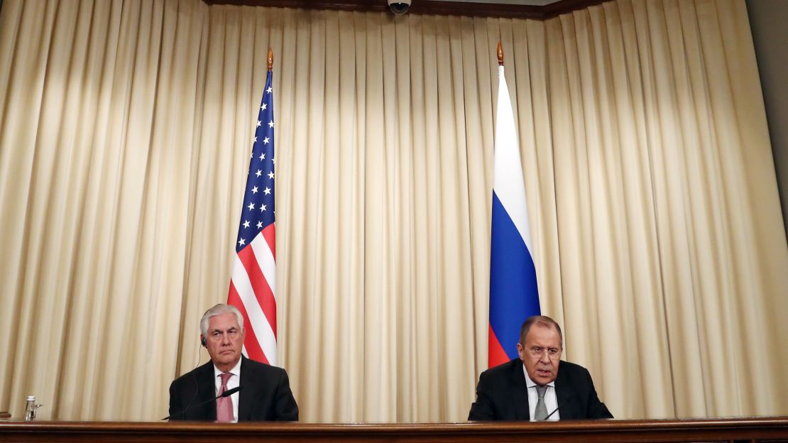 US Secretary of State Rex Tillerson (left) and Russian Foreign Minister Sergei Lavrovat a joint press conference following talks with Russian President Vladimir Putin on April 12. 