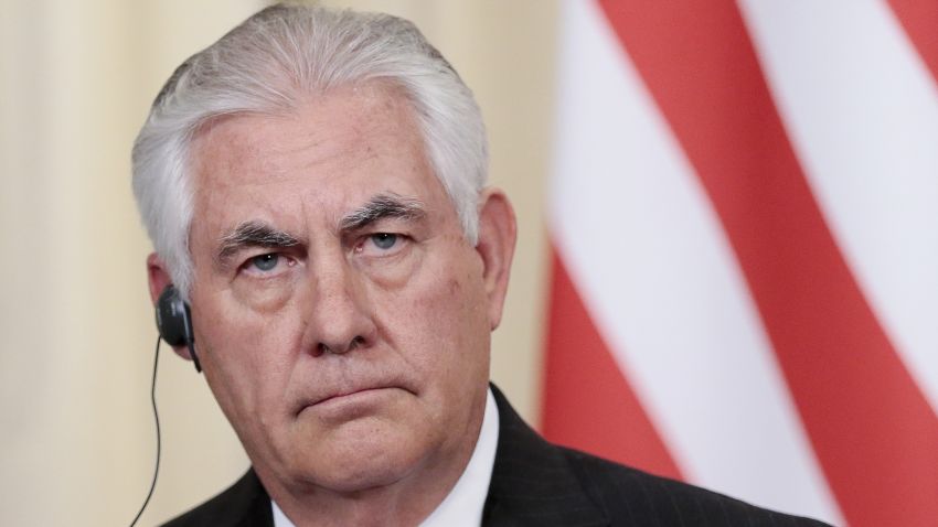 US Secretary of State Rex Tillerson listens for a journalist's question during his and Russian Foreign Minister Sergey Lavrov a news conference following their talks in Moscow, Russia, Wednesday, April 12, 2017.  Amid a fierce dispute over Syria, the United States and Russia agreed Wednesday to work together on an international investigation of a Syrian chemical weapons attack last week. (AP Photo/Ivan Sekretarev)