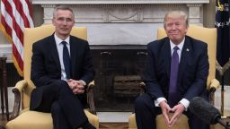 US President Donald Trump meets with NATO Secretary General Jens Stoltenberg in the Oval Office at the White House in Washington, DC, on April 12, 2017 prior to talks. / AFP PHOTO / NICHOLAS KAMM        (Photo credit should read NICHOLAS KAMM/AFP/Getty Images)