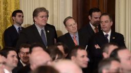 Trump advisor Steve Bannon (2L),  White House Chief of Staff Reince Priebus (R), and White House spokesman Sean Spicer look on before the announcement of the Supreme Court nominee at the White House in Washington, DC, on January 31, 2017.
President Donald Trump nominated federal appellate judge Neil Gorsuch as his Supreme Court nominee, tilting the balance of the court back in the conservatives' favor. / AFP / Brendan SMIALOWSKI        (Photo credit should read BRENDAN SMIALOWSKI/AFP/Getty Images)
