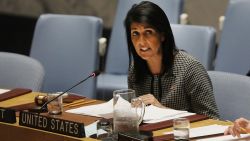 NEW YORK, NY - APRIL 12:  U.S. Ambassador to the United Nations Nikki Haley speaks at a United Nations (UN) Security Council meeting on the situation in the Middle East where the ongoing conflict in Syria was discussed on April 12, 2017 in New York City. It is expected that the Security Council will vote later on Wednesday on a draft resolution demanding that theÊSyrian government cooperate with an investigation of the suspected chemical attack last week.  (Photo by Spencer Platt/Getty Images)