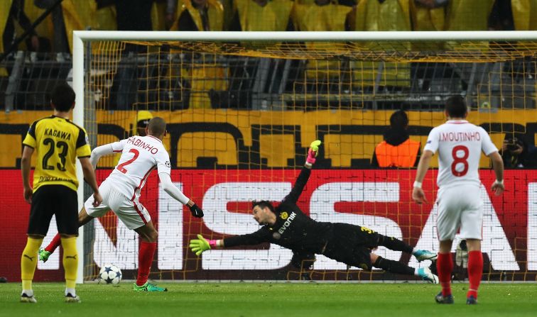 What a miss! Monaco defender Fabinho screwed a penalty wide, squandering a chance to put Monaco ahead after 17 minutes, following a foul by Sokratis Papastathopoulos on Kylian Mbappe.