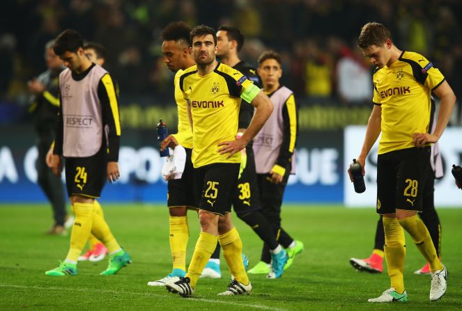 Sokratis cut a dejected figure at fulltime after Dortmund suffered a first home defeat in 21 games. 