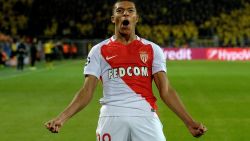 Monaco's French forward Kylian Mbappe Lottin reacts after scoring his second goal for Monaco against Dortmund