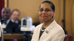 FILE- In this April 30, 2013 file photo, Justice Sheila Abdus-Salaam looks on as members of the state Senate Judiciary Committee vote unanimously to advance her nomination to fill a vacancy on the Court of Appeals at the Capitol in Albany, N.Y. The New York City Police Department confirmed that Abdus-Salaam's body was found on the shore of the Hudson River off Manhattan on Wednesday, April 12, 2017. (AP Photo/Mike Groll, File)