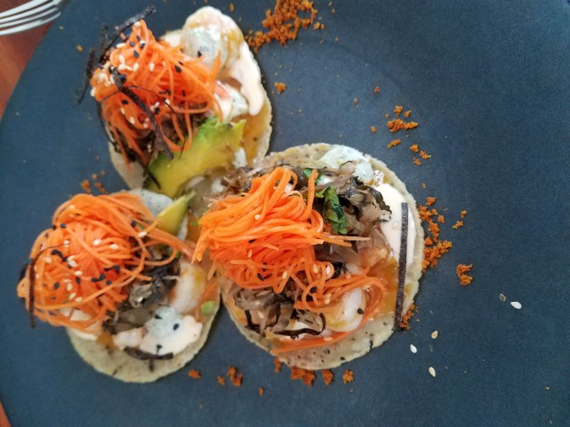 <strong>Carmen</strong>: "Tacos Caribe" is an appetizer full of flavor with grilled shrimp, kimchi & toasted nori.