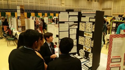 Stephen discusses his project with other students at the science fair. 