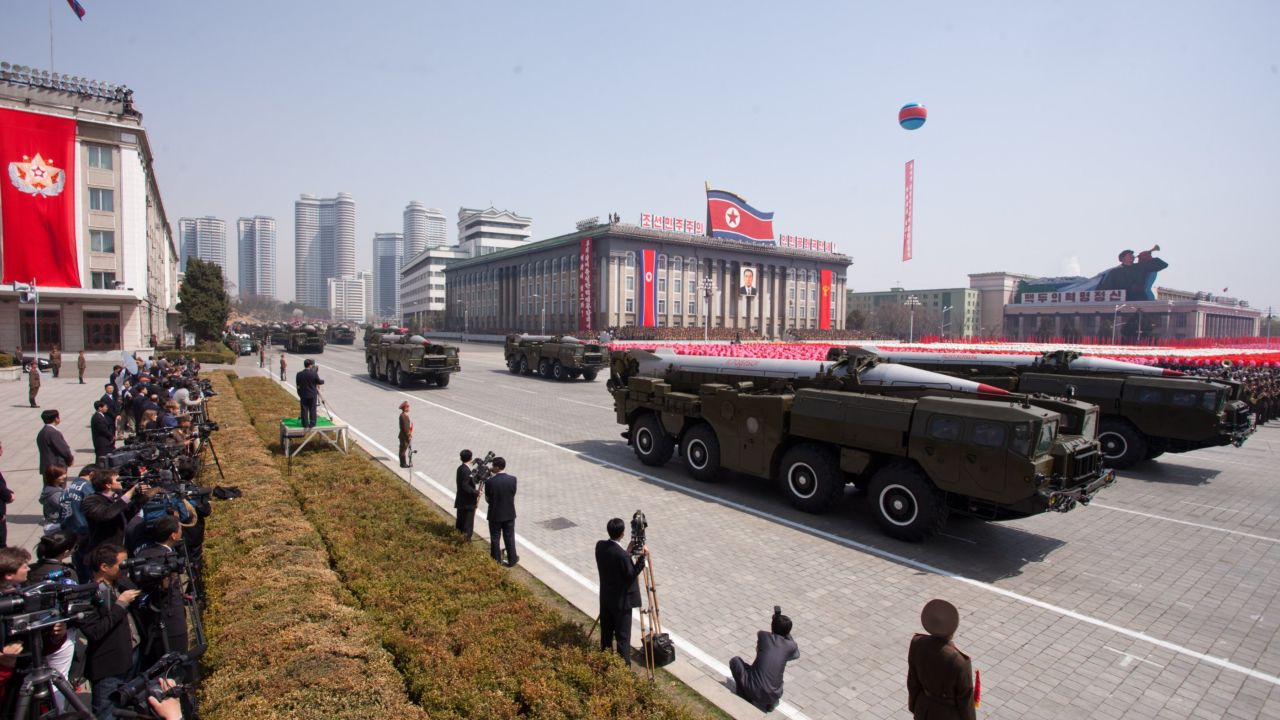 North Korea's KN-08 purported intercontinental ballistic missiles seen in a parade on April 15, 2012.