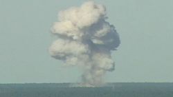 In this U.S. Air Force handout,  a GBU-43/B bomb, or Massive Ordnance Air Blast (MOAB) bomb, explodes November 21, 2003 at Eglin Air Force Base, Florida. MOAB is a 21,700-pound that was droped from a plane at 20, 000 feet.