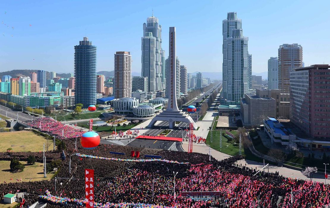 The newly constructed residential area on Ryomyong Street is unveiled in Pyongyang, North Korea, on Thursday.