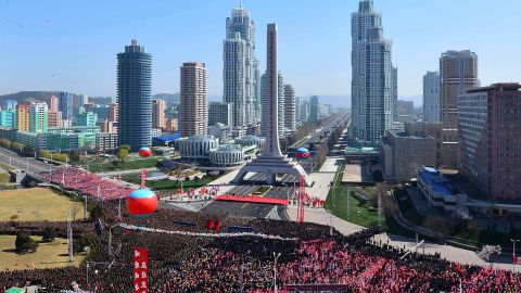 The newly constructed residential area on Ryomyong Street is unveiled in Pyongyang, North Korea, on Thursday.