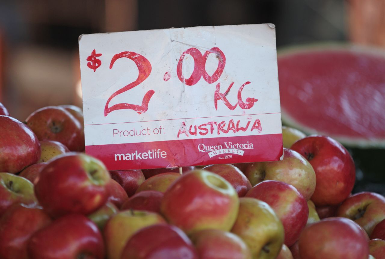 <strong>Melbourne:</strong> Apples on sale at the Queen Victoria Market in Melbourne, Australia. The 135-year-old market is the largest outdoor market in the southern hemisphere. "From the extensive selection of fresh produce to the famous bratwurst and donuts, the exclusive cheese larder and seafood hall, Queen Victoria Market has it all," says chef Gordon Tambimuttu of The Langham Melbourne.