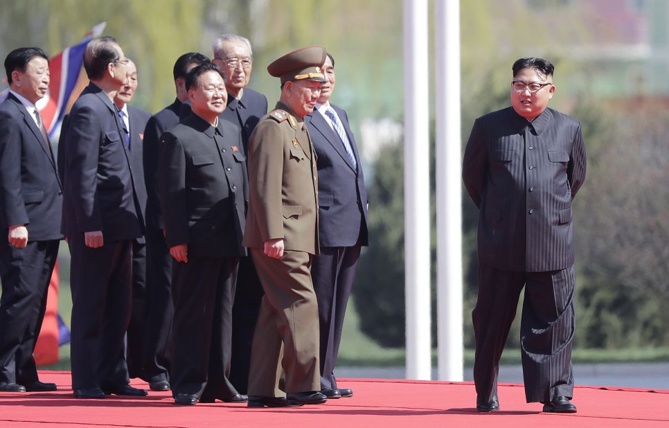 North Korean leader Kim Jong Un is seen on stage.