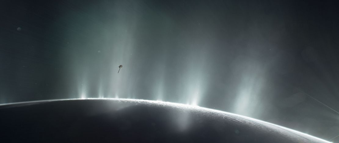 This illustration shows Cassini diving through the Enceladus plume in 2015. 