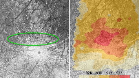 The green oval highlights the plumes Hubble observed on Europa. The area also corresponds to a warm region on Europa's surface. 