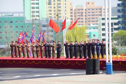 North Korean leader Kim Jong Un appears at a ceremony to formally open a housing development in Pyongyang on April 13. The project was rushed to completion in under a year, North Korean officials say. 