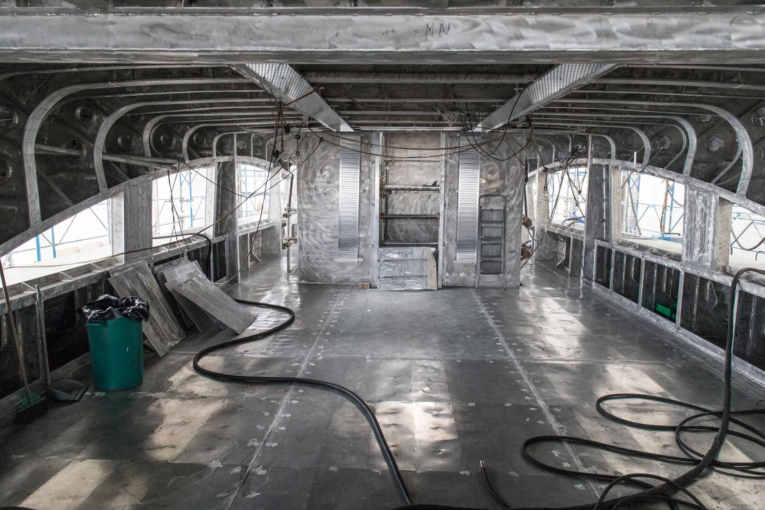 A Rossinavi yacht under construction in the Rossinavi shipyard in Viareggio highlights the company's expertise working with steel and aluminum.
