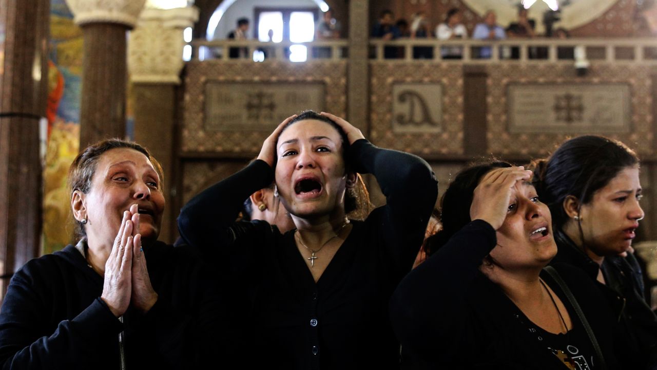 Women cry at a funeral Monday, April 10, for those killed a day earlier in Alexandria, Egypt. <a href="http://www.cnn.com/2017/04/10/middleeast/egypt-church-explosion/" target="_blank">Brazen attacks by ISIS</a> killed dozens at two Coptic Christian churches on Palm Sunday. Egypt's Cabinet announced a three-month state of emergency to help authorities root out the terror network.