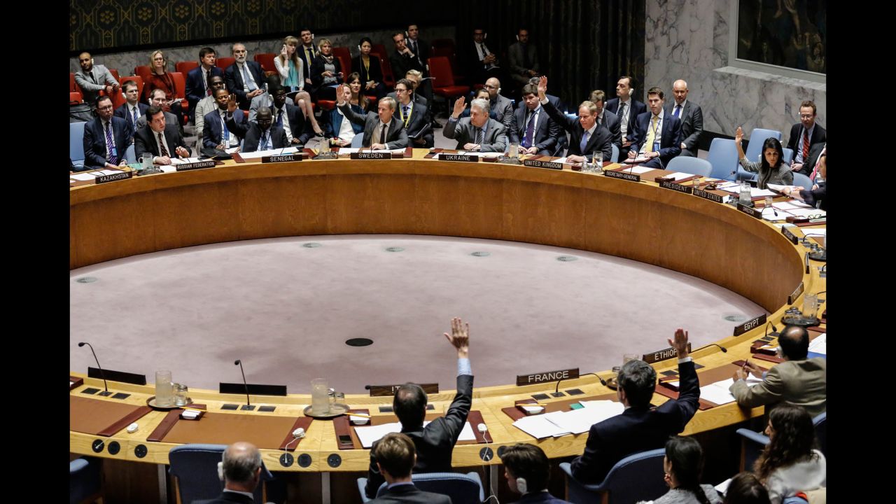 Members of the United Nations Security Council vote on a draft resolution Wednesday, April 12, that would have condemned Syria's <a href="http://www.cnn.com/2017/04/04/middleeast/idlib-syria-attack/" target="_blank">reported use of chemical weapons.</a> Russia vetoed the resolution -- <a href="http://www.cnn.com/2017/04/12/politics/assad-syria-sarin-gas/index.html" target="_blank">its eight veto on Syria</a> during the course of the civil war. Russia said the United States, the United Kingdom and France rushed to judgment about what happened.